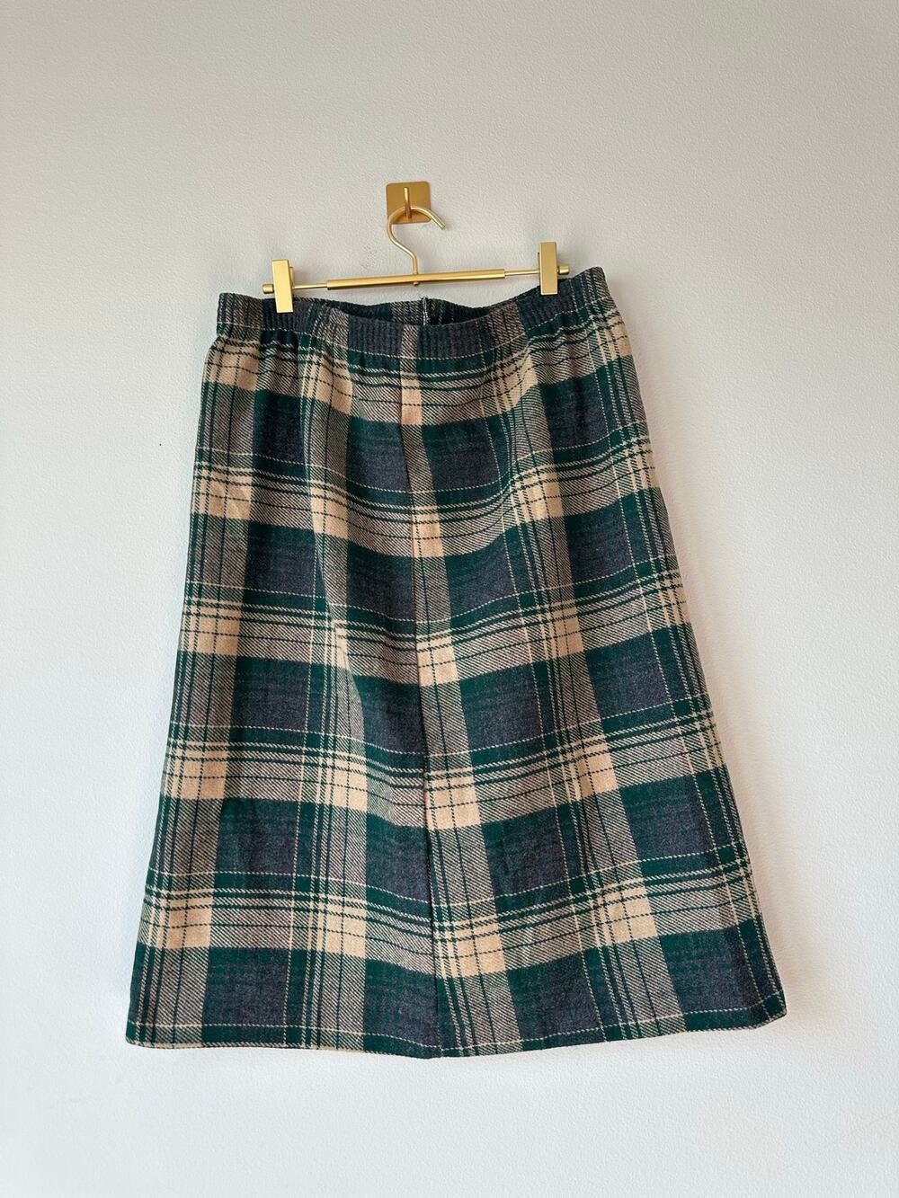 Vintage Plaid Wool Blend Midi Skirt Green Gray Academia Preppy Cottagecore L